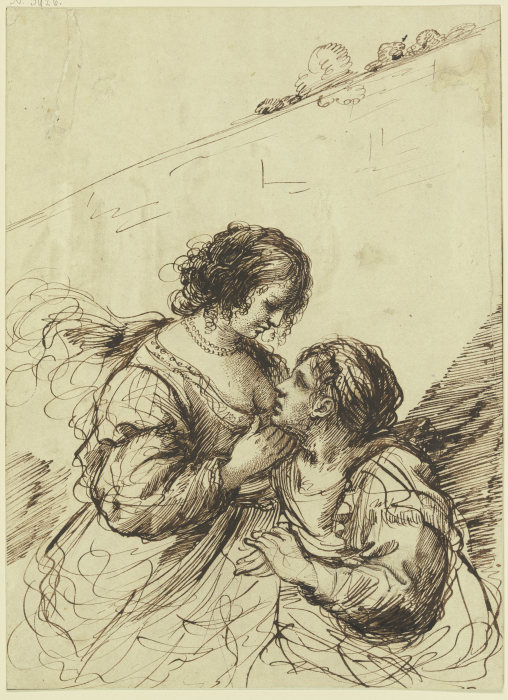 Vor einer hohen Mauer zwei Frauen einander liebkosend von Guercino (Giovanni Francesco Barbieri)