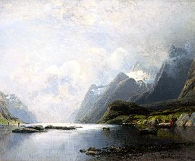 Fjordlandschaft mit Dampfschiffen und Segelbooten von Adolf Schweitzer