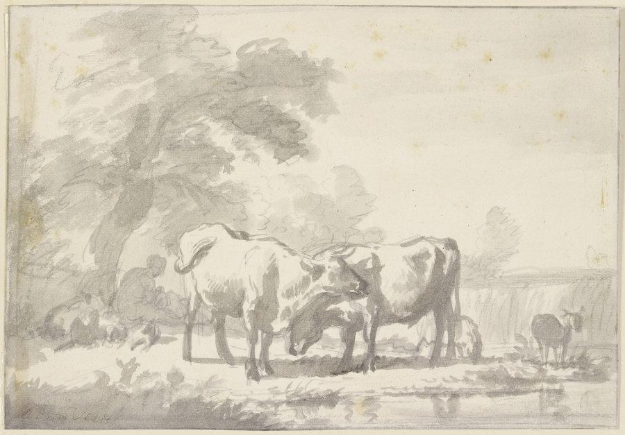 Zwei Kühe und einige Schafe, die Hirtin sitzt mit einem Kind unter einem Baum von Adriaen van de Velde