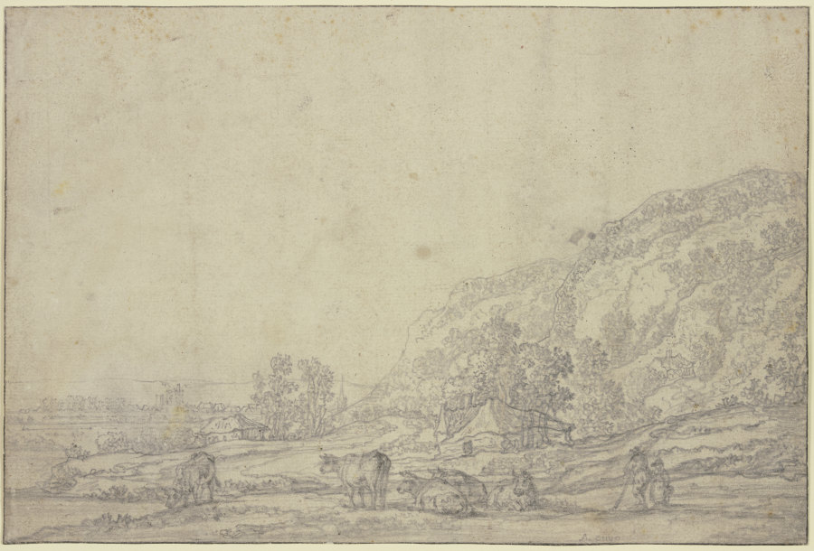 Landschaft mit zwei Hütten, rechts hohe Berge, vorne fünf Kühe von Aelbert Cuyp