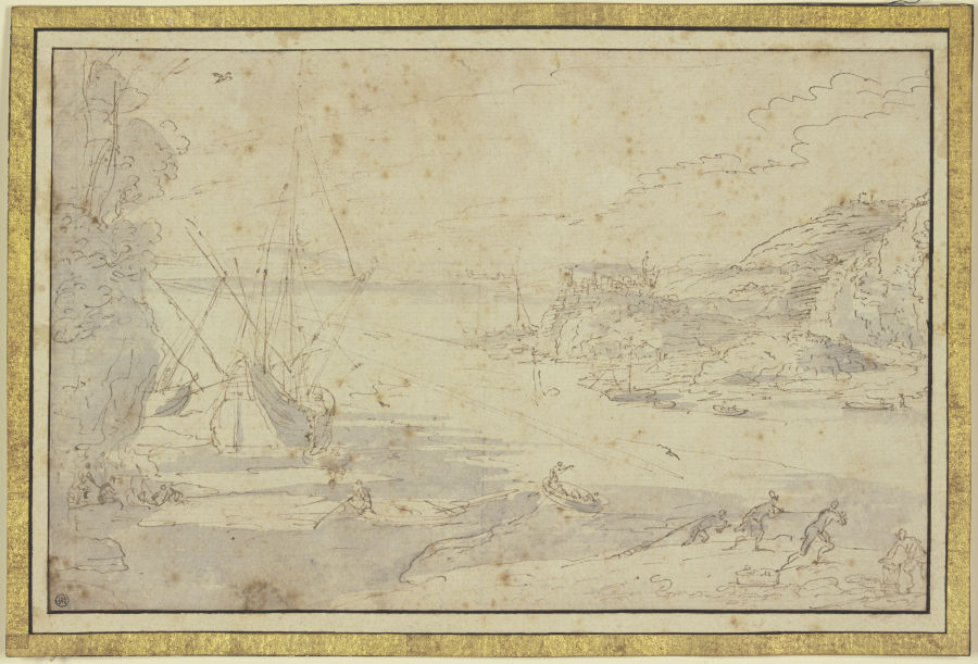 Marine mit felsigem Ufer, rechts vorne ziehen drei Fischer ein Netz aus dem Wasser von Agostino Tassi