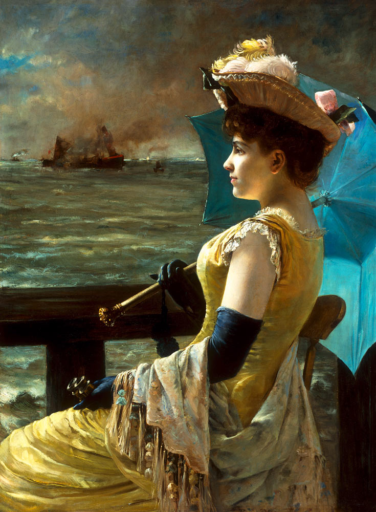 Dame mit einem Sonnenschirm, aufs Meer hinausschauend. von Alfred Stevens