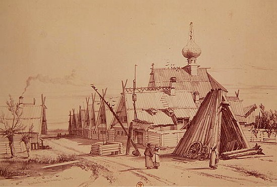 Village on route to Moscow, illustration from, ''Voyage pittoresque en Russie'' von Andre Durand