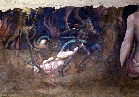 The Triumph of Death, detail of a devil carrying away a sinner into hell von Andrea di Cione Orcagna