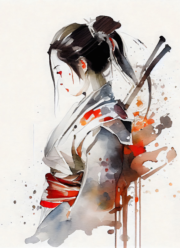 Japanische Geisha Kämpferin mit Samurai Schwertern. Aquarell Porträt von Anja Frost