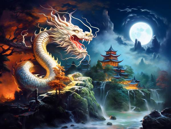 Mystischer Drachenflug über den Bergen. Jahr des Drachen. Chinesischer Drache. von Anja Frost