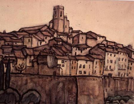 View of a Walled Town with Roof Rising to a Square Tower on a Hill von Anne L. Falkner
