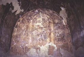 Fresco depicting a throned monarch with a halo under a baldachinofrom the Alcove early 8th