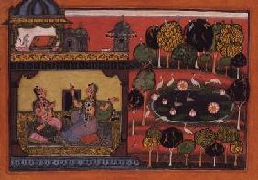 Two ladies converse in a palace seated on carpets, the palace gardens display flowering trees, a a l 1680