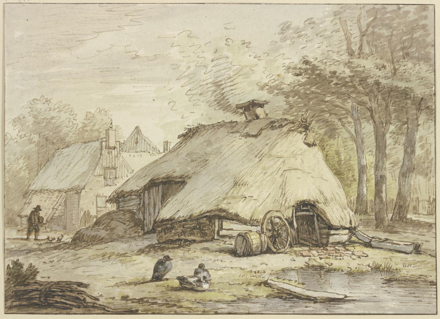 Drei Hütten unter Bäumen, im Vordergrund drei sitzende Enten von Anthonie van Borssom