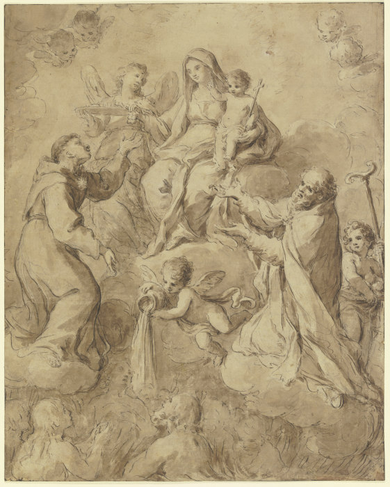 Die Muttergottes mit dem Jesuskind von Heiligen und Engeln umgeben, ein Engel gießt Wasser aus von Antonio Balestra