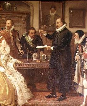 Dr William Gilberd (1540-1603) Showing his Experiment on Electricity to Queen Elizabeth I and her Co 19th centu