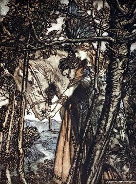 Brünnhilde führt ihr Ross am Zaume. Illustration für "The Rhinegold and The Valkyrie" von Richard Wa 1910