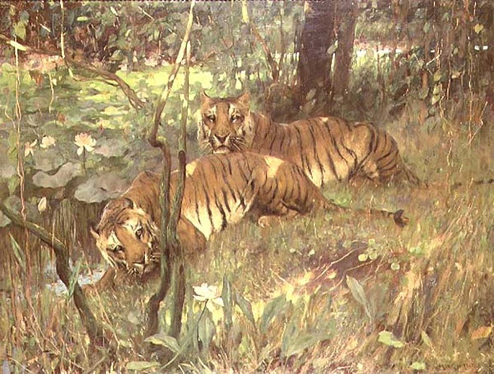 Tiger, die im tropischen Wald durch einen Fluss stillstehen von Arthur Wardle