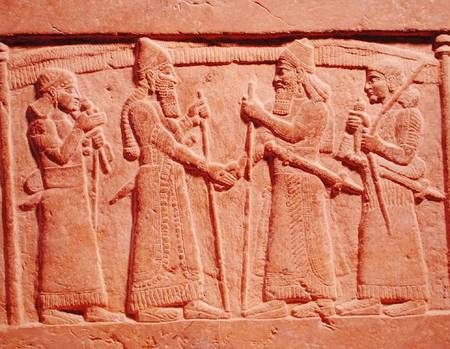 Relief depicting King Shalmaneser III (858-824 BC) of Assyria meeting a Babylonian von Assyrian