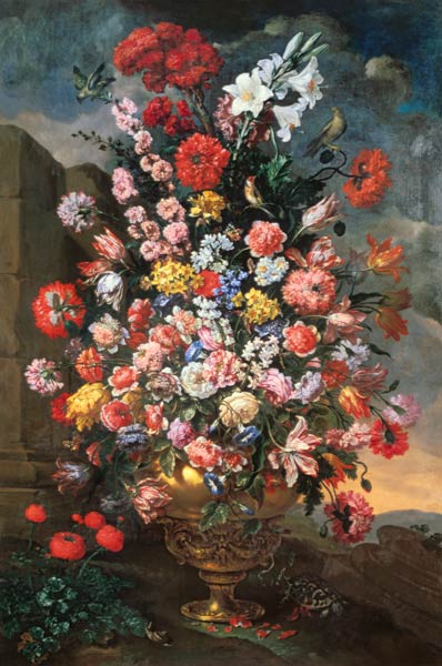 Lilies, Tulips, Carnations, Peonies, Convolvuli And Other Flowers In A Bronze Urn With Birds von Bartolomeo del(Il Bimbi) Bimbo
