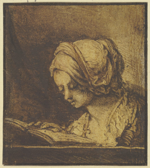 Brustbild eines lesenden Mädchens mit Haube von Benjamin Calau
