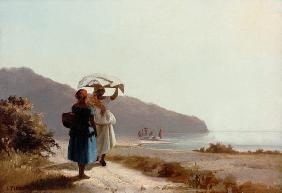 Zwei plaudernde Frauen am Meeresstrand 1865