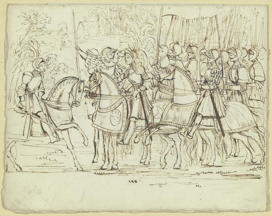 Ein von links kommender Ritter erstattet dem Anführer einer in einer Landschaft stehenden Ritterscha von Carl Philipp Fohr
