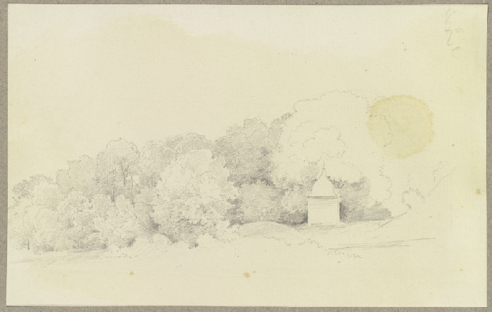 Baumreihe, davor ein kapellenartiges Häuslein; oben rechts ein skizzierter Kopf von Carl Theodor Reiffenstein