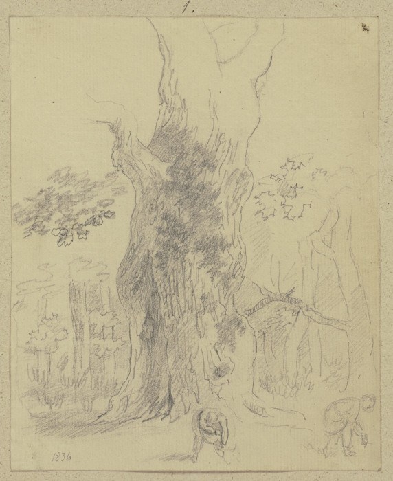 Zwei Personen, vor großem Baum Waldfrüchte auflesend von Carl Theodor Reiffenstein