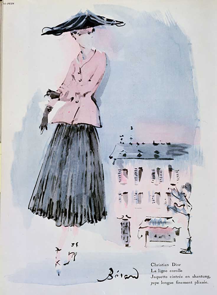 Modeteller von Christian Dior, Illustration aus der Zeitschrift Vogue, Juni 1947 von Christian Berard