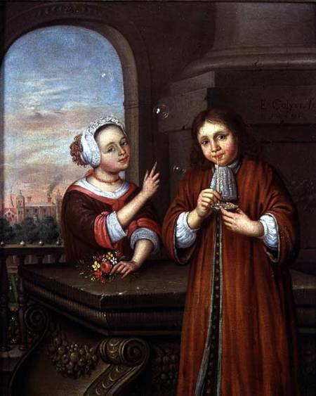 Girl pointing at a boy blowing bubbles in an architectural setting von Edwaert Colyer or Collier
