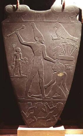 The Narmer Palette: ceremonial palette depicting King Narmer, wearing the white crown of Upper Egypt c.3000 BC