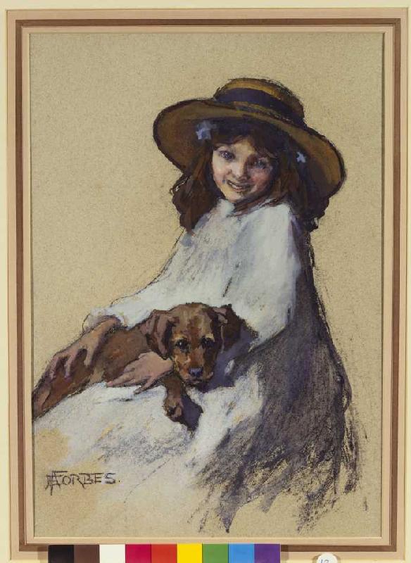 Mädchen mit ihrem jungen Hund. von Elizabeth Adela Stanhope Forbes