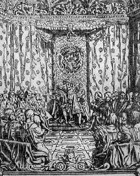 King Henry VIII (1491-1547) in Parliament, from a contemporary print (engraving) 1860