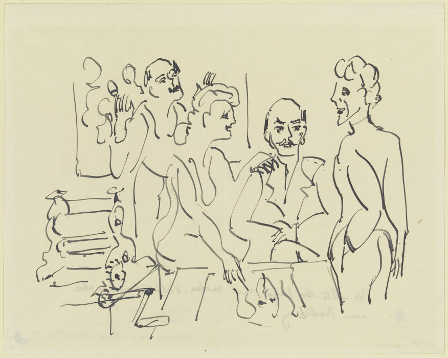 Emil Nolde, Ada Nolde, Erich Heckel und Ernst Ludwig Kirchner bei der Vorbereitung eines Holzschnitt von Ernst Ludwig Kirchner