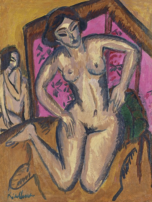 Kniender Mädchenakt vor rotem Wandschirm von Ernst Ludwig Kirchner