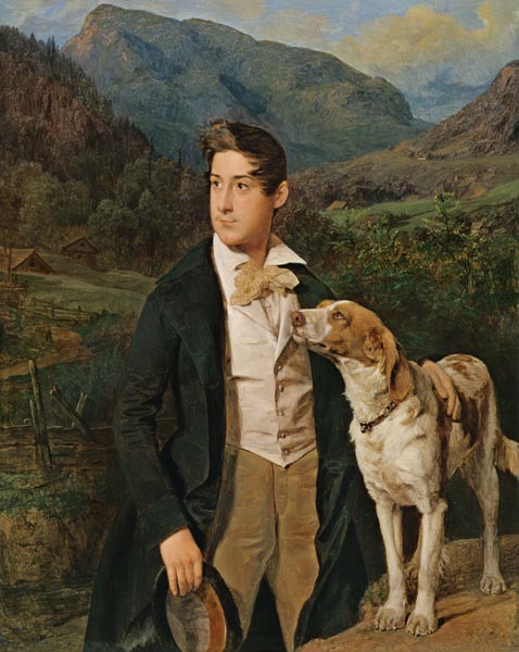Waldmüllers Sohn Ferdinand mit Hund von Ferdinand Georg Waldmüller