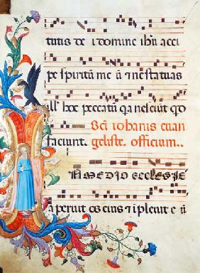 Ms 558 f.13v Historiated initial 'I' depicting St. John the Evangelist, with page of musical notatio early 1430