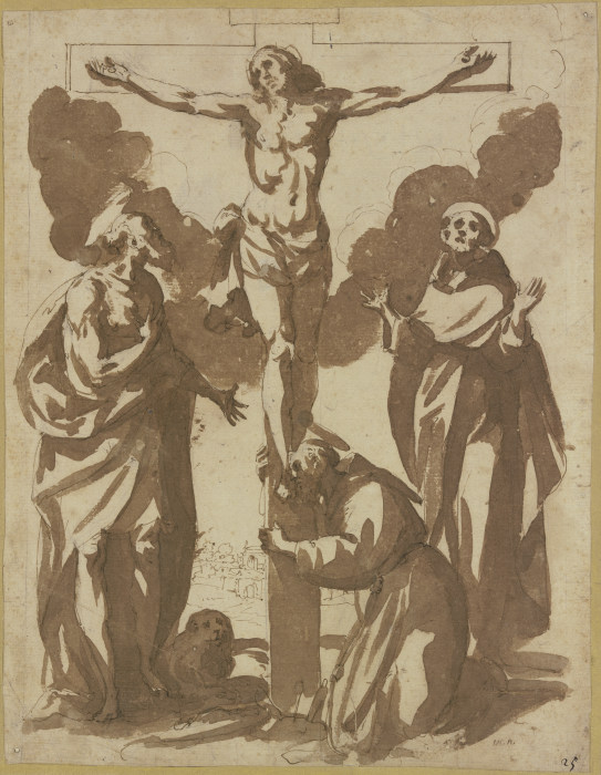 Christus am Kreuze, dabei die Heiligen Hieronymus, Franziskus und Antonius von Francesco Allegrini