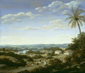 Brazilian landscape with natives on a road approaching a village 1665