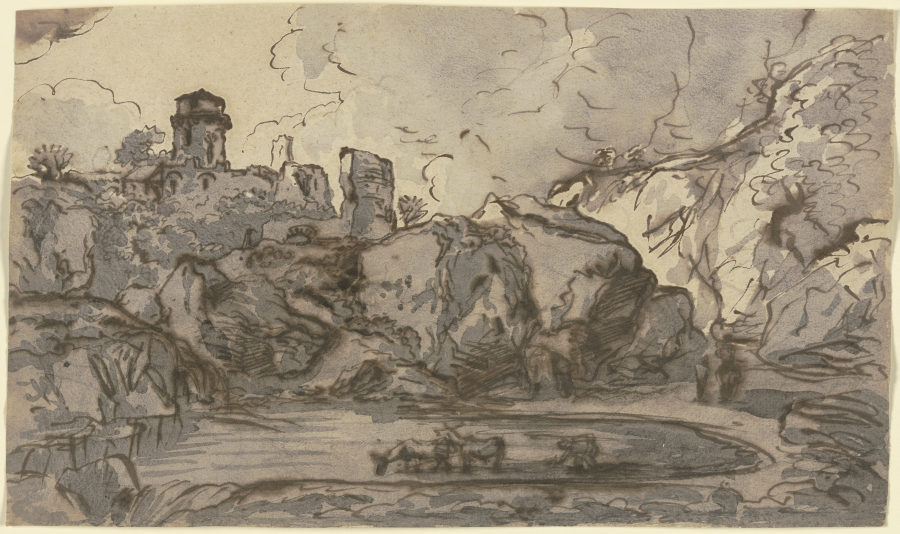 Burgruine an einem Gewässer, in dem Kühe stehen von Franz Innocenz Josef Kobell