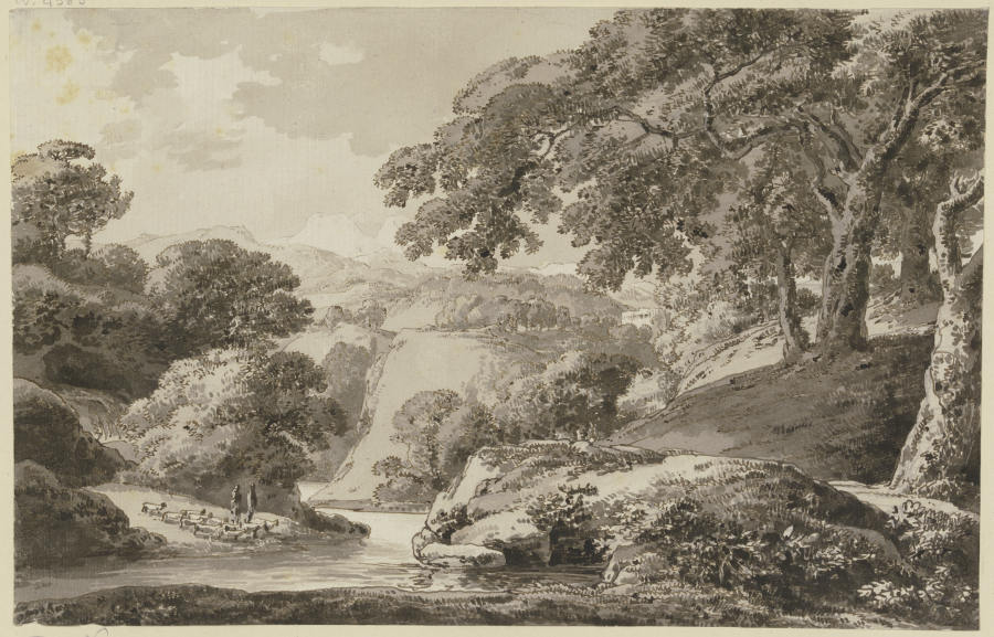 Fluß zwischen Felsen, am Ufer eine Schafherde von Franz Innocenz Josef Kobell