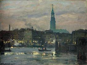 Die Lichter werden entzündet - Hamburger Hafen mit St. Michaelis 1904