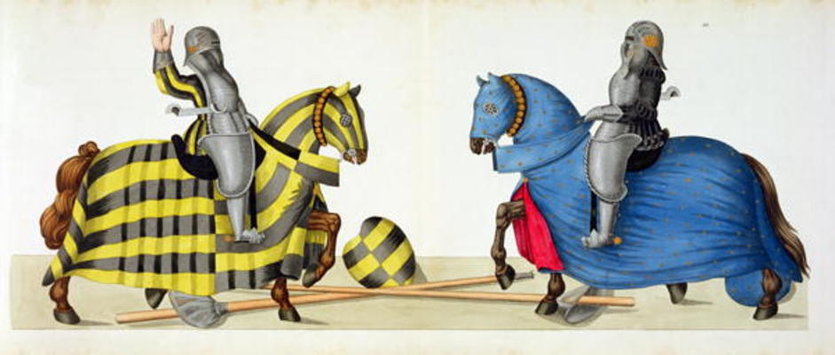 Two knights at a tournament, plate from 'A History of the Development and Customs of Chivalry', by D von Friedrich Martin von Reibisch