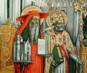 St. Jerome and St. Gregory, detail of left panel from The Virgin Enthroned with Saints Jerome, Grego 1446
