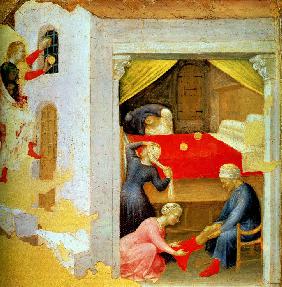 Heiliger Nikolaus von Bari wirft der goldene Kugeln in das Zimmer der dreier armer Mädchen (aus dem  1425