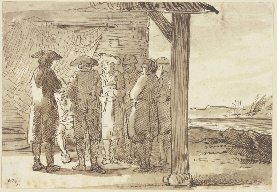 Gruppe von sieben Männern im überdachten Vorbau eines Hauses von Georg Melchior Kraus