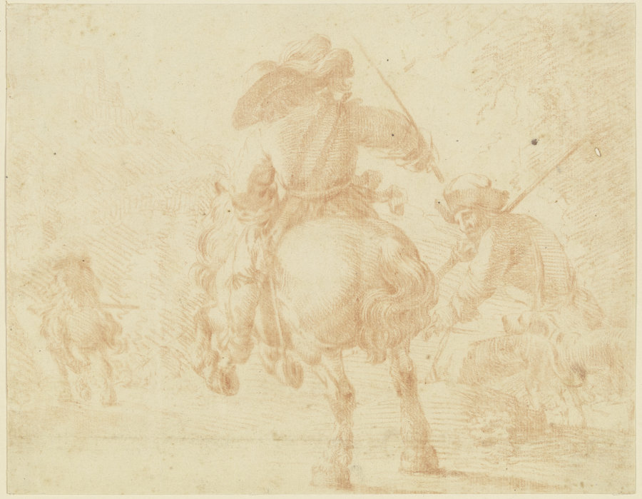 Jäger zu Pferde, vom Rücken gesehen, neben ihm ein Begleiter mit Hunden von Georg Melchior Kraus