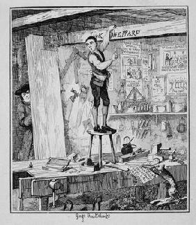 Jack carves his name on a beam in the shop of his former employer, illustration from 'Jack Sheppard: 1865