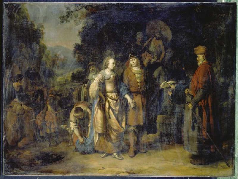Isaak und Rebecca am Brunnen Cahai-Roi. von Gerbrand van den Eeckhout