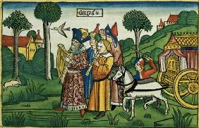 2 Samuel 6 1-5 David brings the Ark to Jerusalem (coloured woodcut) 1525