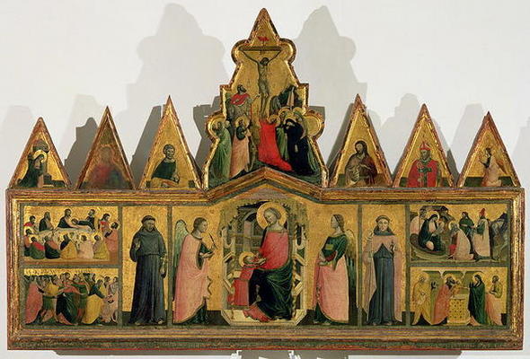 Polyptych: central panel depicting the Madonna and Child Enthroned with Angels and Saints surrounded von Giovanni Baronzio da Rimini