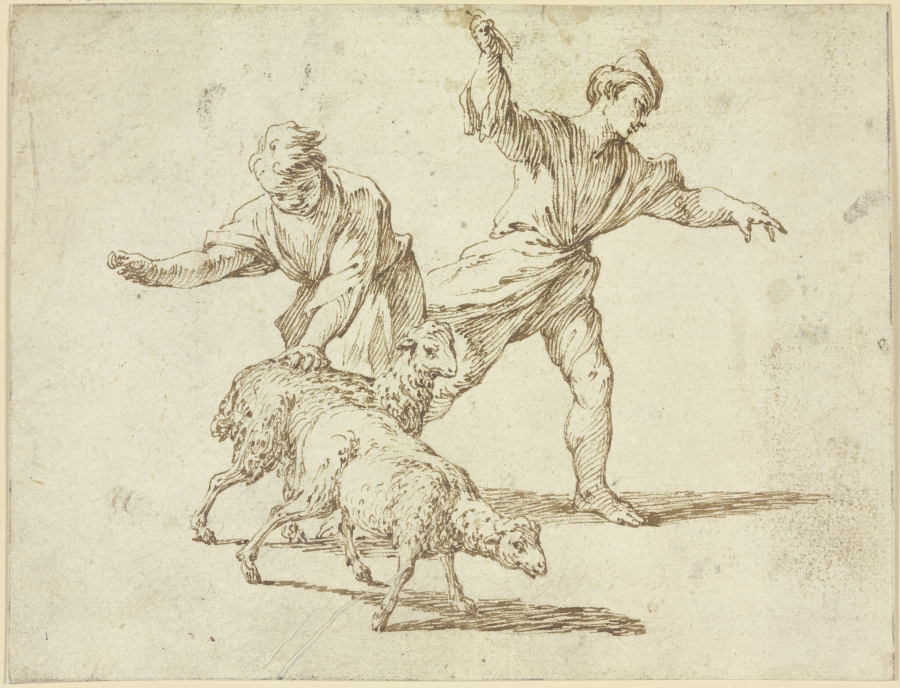 Zwei Hirten und zwei Schafe von Giovanni Battista Sassi