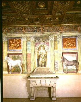 Sala dei Cavalli with trompe l'oeil portraits of two horses, the god Jupiter and imitation bronze pa 1528